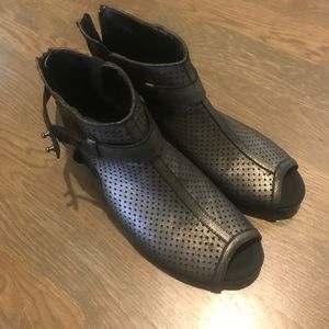 Earth Suede Perforated Peep Toe Booties EUC